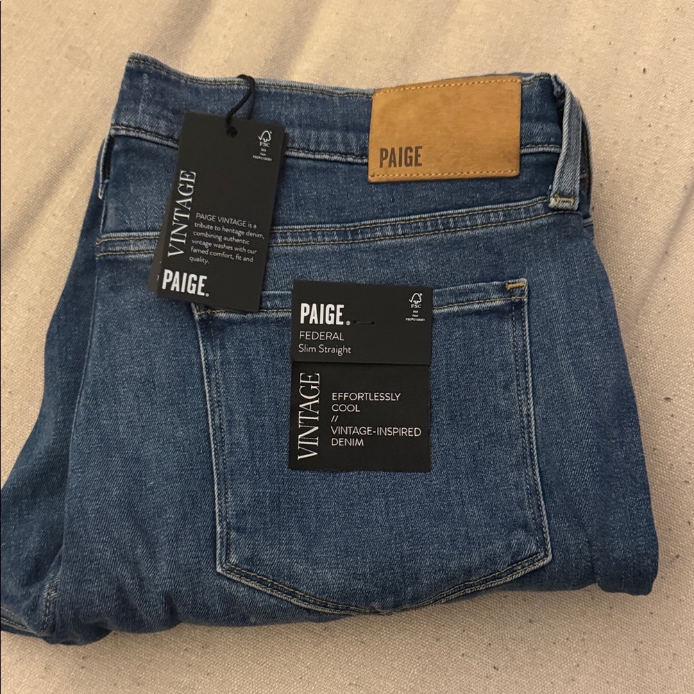 PAIGE Men’s Vintage-Inspired Blue Slim Straight Leg Federal Jeans